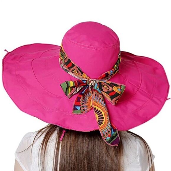Pink Adjustable Wide Brim Reversible Colorful Abstract Beach Summer Sun Hat NEW - Picture 2 of 4